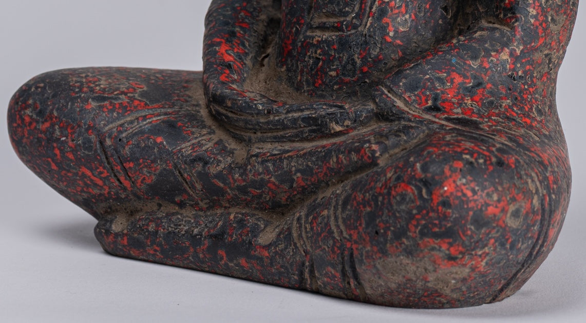 Buddha Sculpture - Antique Khmer Style Wood Seated Buddha Statue Dhyana Meditation Mudra - 20cm/8"