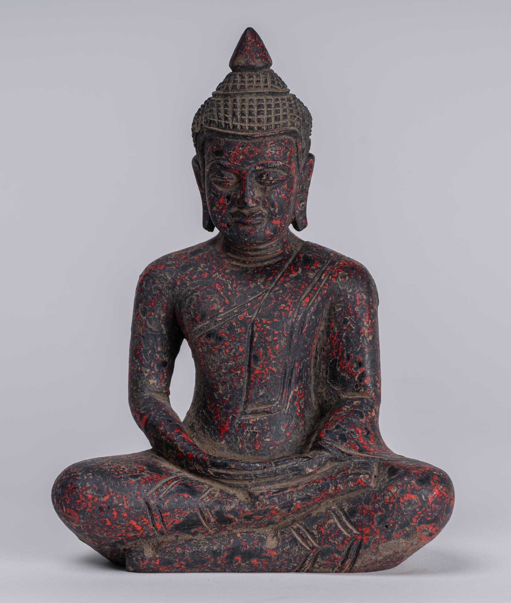 Buddha Sculpture - Antique Khmer Style Wood Seated Buddha Statue Dhyana Meditation Mudra - 20cm/8"