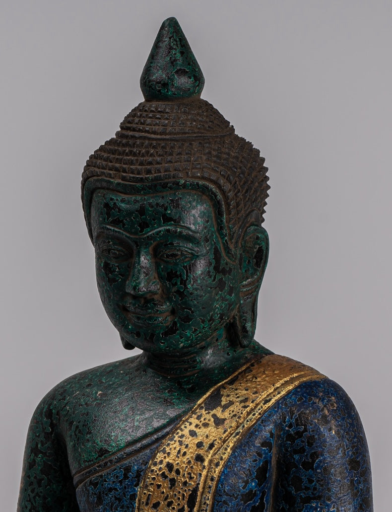 Buddha Statue - Antique Khmer Style SE Asia Seated Wood Enlightenment Buddha Statue - 32cm/13"