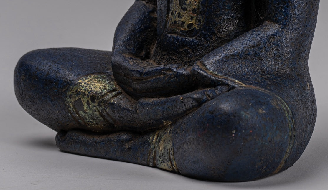 Buddha Sculpture - Antique Khmer Style Wood Seated Buddha Statue Dhyana Meditation Mudra - 21cm/8"