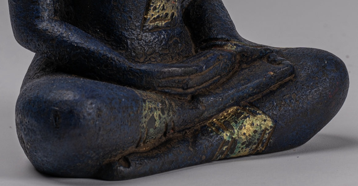Buddha Sculpture - Antique Khmer Style Wood Seated Buddha Statue Dhyana Meditation Mudra - 21cm/8"