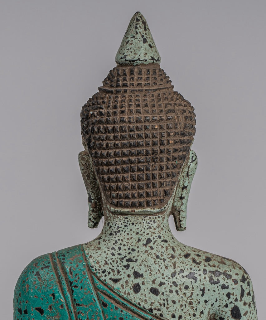 Buddha Statue - Antique Khmer Style SE Asia Seated Wood Enlightenment Buddha Statue - 26cm/10"