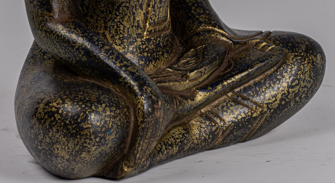 Buddha Statue - Antique Khmer Style SE Asia Seated Wood Enlightenment Buddha Statue - 26cm/10"