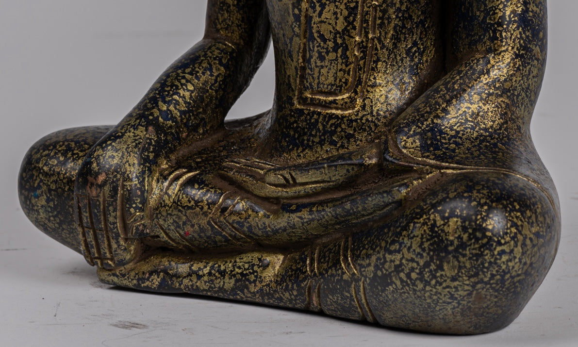 Buddha Statue - Antique Khmer Style SE Asia Seated Wood Enlightenment Buddha Statue - 26cm/10"