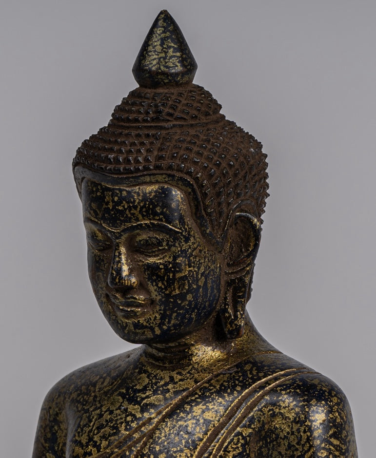 Buddha Statue - Antique Khmer Style SE Asia Seated Wood Enlightenment Buddha Statue - 26cm/10"