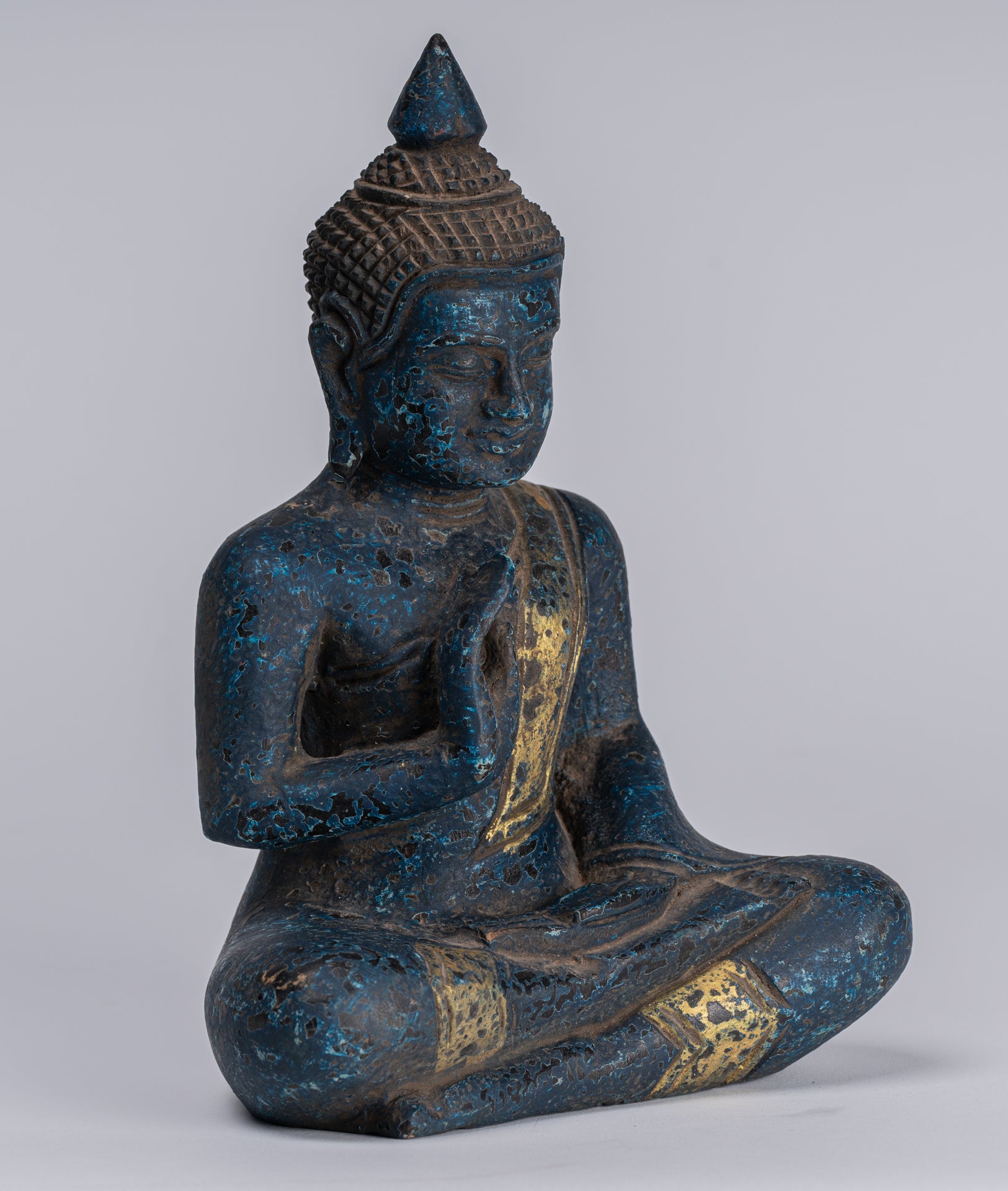 Buddha Statue - Antique Khmer Style Cambodia Seated Wood Buddha Statue Teaching Mudra - 20cm/8"