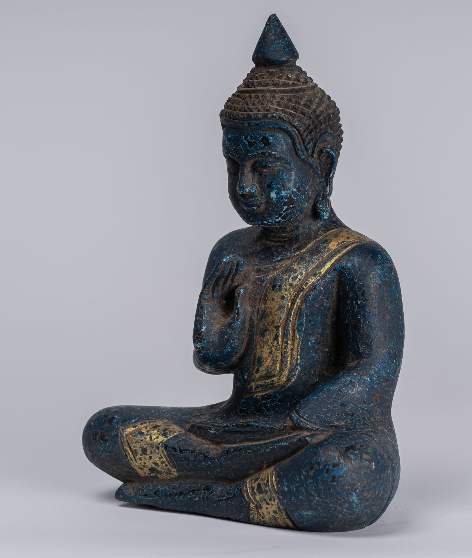 Buddha Statue - Antique Khmer Style Cambodia Seated Wood Buddha Statue Teaching Mudra - 20cm/8"