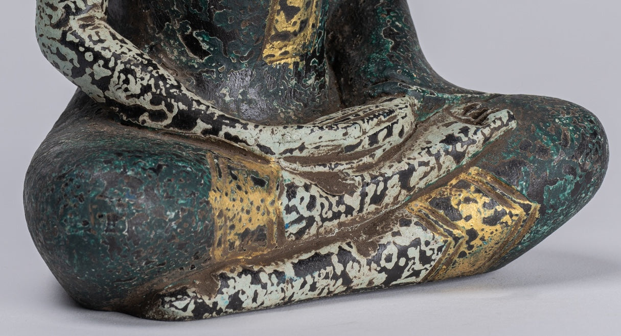 Buddha Sculpture - Antique Khmer Style Wood Seated Buddha Statue Dhyana Meditation Mudra - 21cm/8"