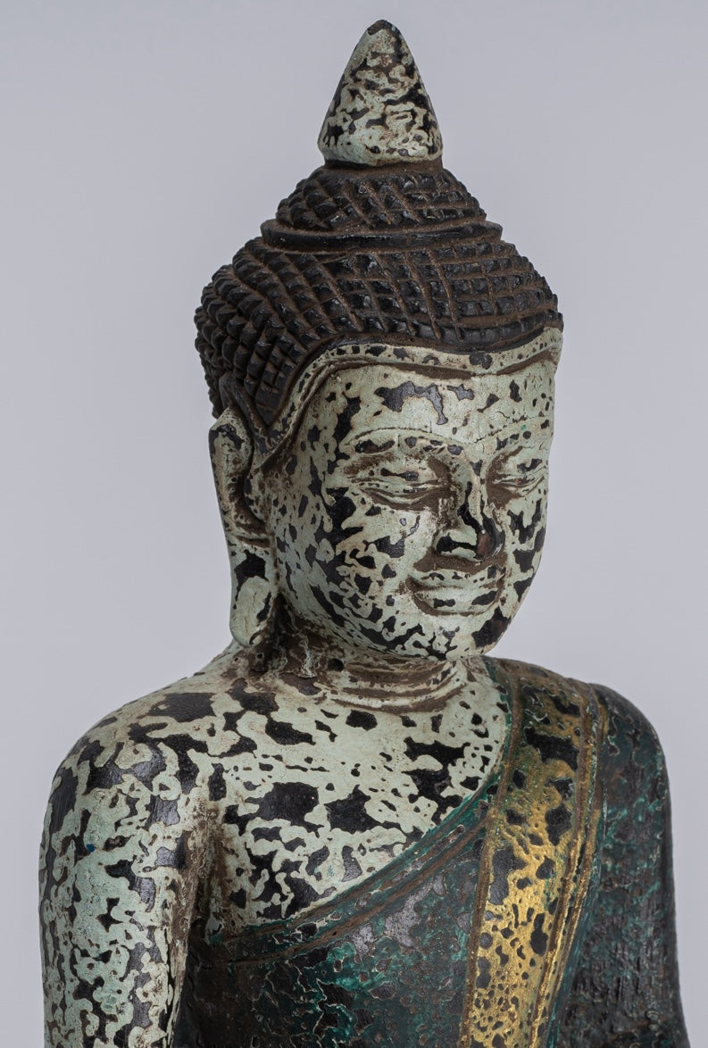 Buddha Sculpture - Antique Khmer Style Wood Seated Buddha Statue Dhyana Meditation Mudra - 21cm/8"