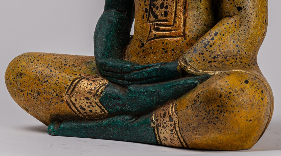 Buddha Sculpture - Antique Khmer Style Wood Seated Buddha Statue Dhyana Meditation Mudra - 39cm/16"