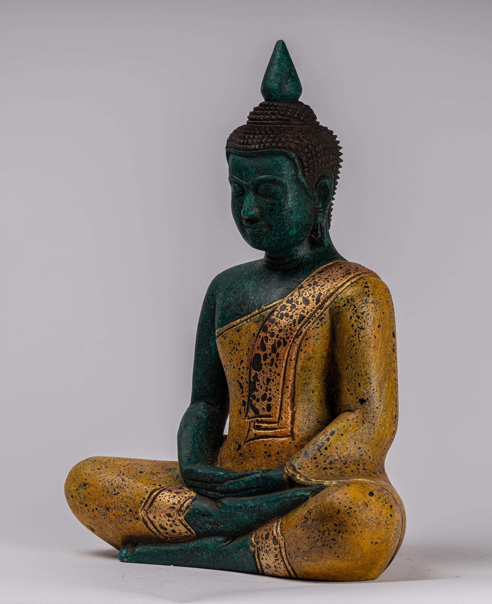 Buddha Sculpture - Antique Khmer Style Wood Seated Buddha Statue Dhyana Meditation Mudra - 39cm/16"