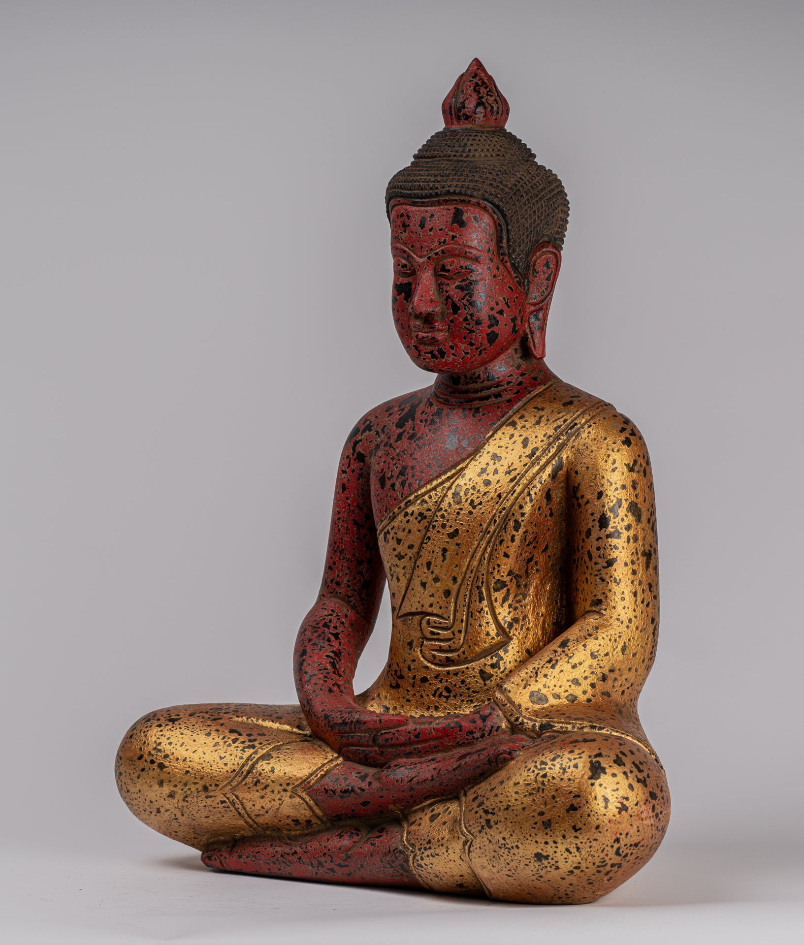 Buddha Sculpture - Antique Khmer Style Wood Seated Buddha Statue Dhyana Meditation Mudra - 51cm/20"