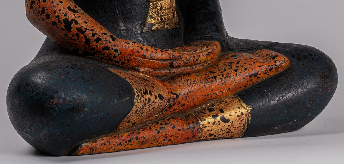 Buddha Sculpture - Antique Khmer Style Wood Seated Buddha Statue Dhyana Meditation Mudra - 52cm/21"