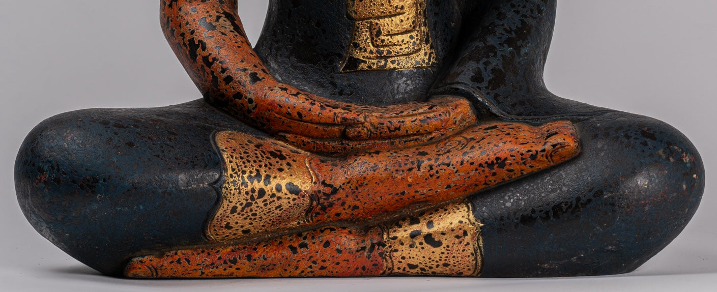 Buddha Sculpture - Antique Khmer Style Wood Seated Buddha Statue Dhyana Meditation Mudra - 52cm/21"