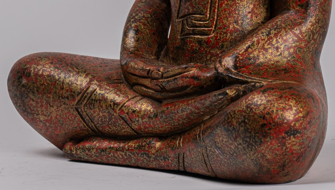 Buddha Sculpture - Antique Khmer Style Wood Seated Buddha Statue Dhyana Meditation Mudra - 32cm/13"
