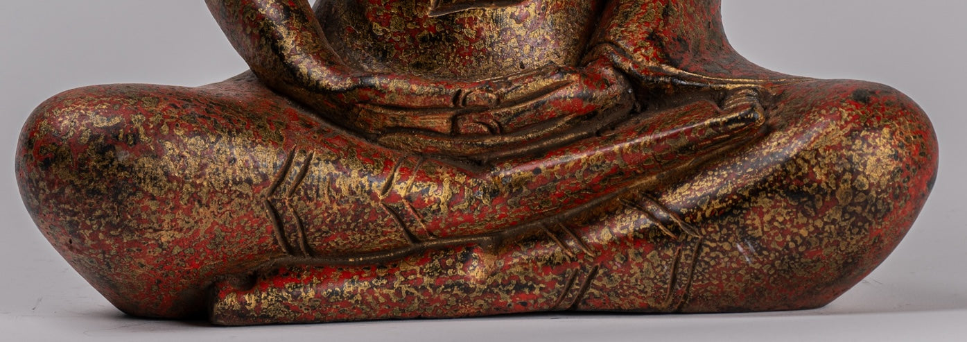 Buddha Sculpture - Antique Khmer Style Wood Seated Buddha Statue Dhyana Meditation Mudra - 32cm/13"