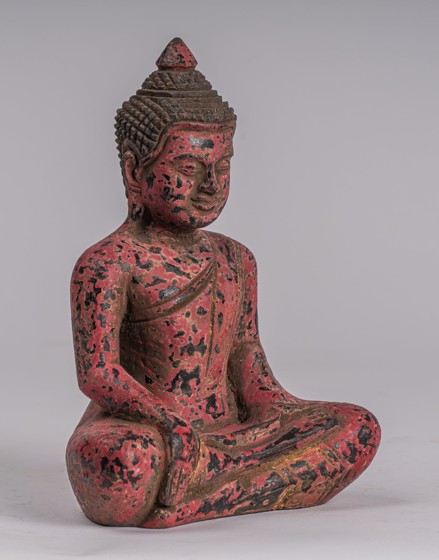 Buddha Statue - Antique Khmer Style SE Asia Seated Wood Enlightenment Buddha Statue - 21cm/8"