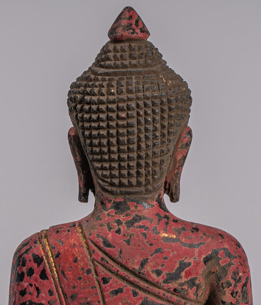 Buddha Statue - Antique Khmer Style SE Asia Seated Wood Enlightenment Buddha Statue - 21cm/8"
