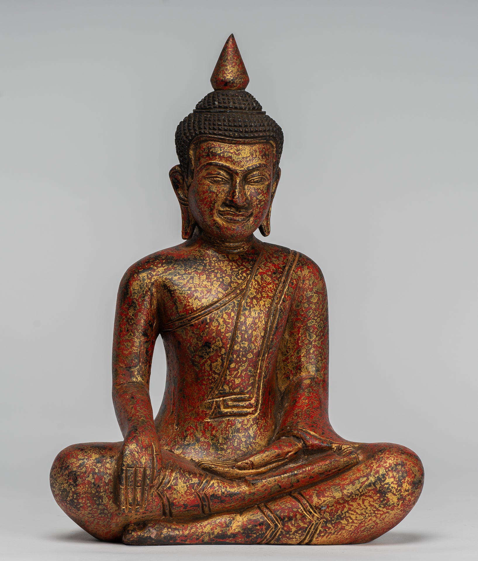 Buddha Statue - Antique Khmer Style SE Asia Seated Wood Enlightenment Buddha Statue - 33cm/13"