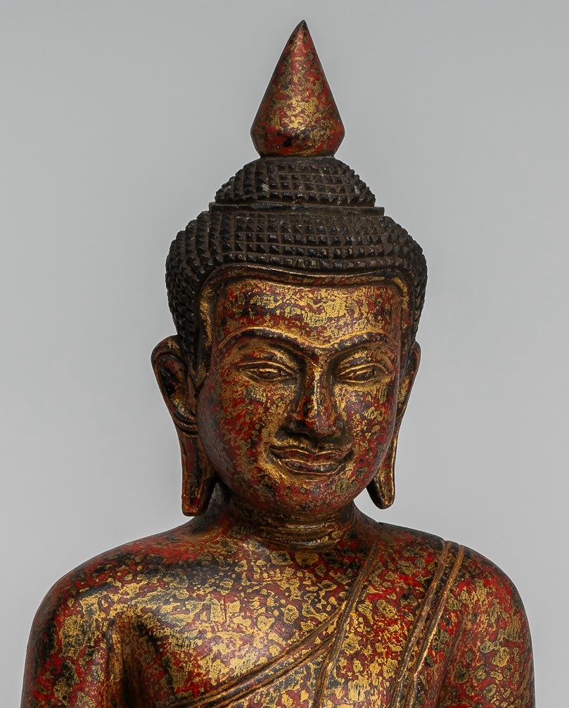 Buddha Statue - Antique Khmer Style SE Asia Seated Wood Enlightenment Buddha Statue - 33cm/13"