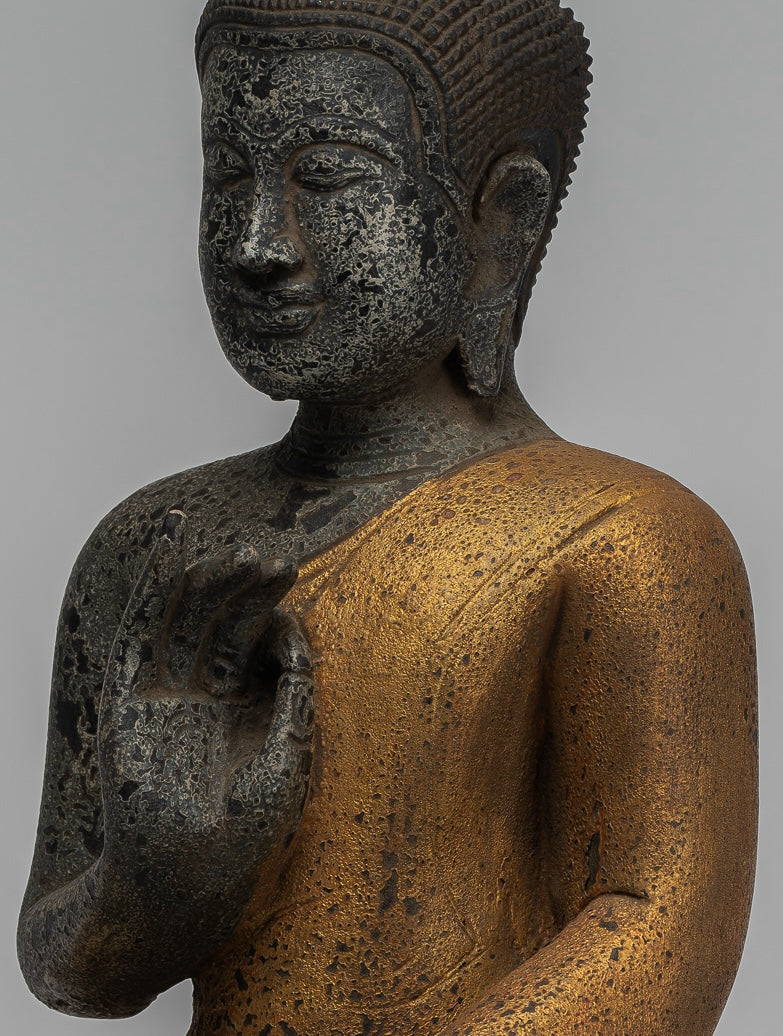 Buddha Statue - Antique Khmer Style Cambodia Seated Wood Buddha Statue Teaching Mudra - 44cm/18"