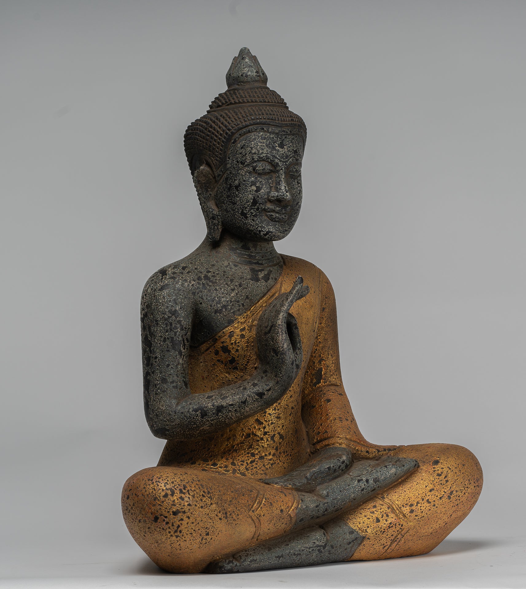 Buddha Statue - Antique Khmer Style Cambodia Seated Wood Buddha Statue Teaching Mudra - 44cm/18"