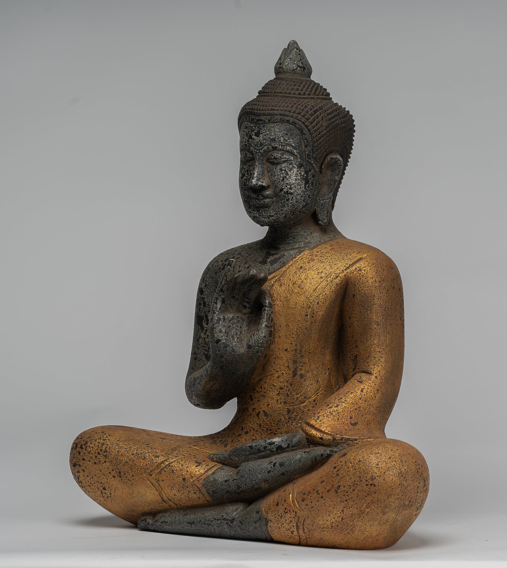 Buddha Statue - Antique Khmer Style Cambodia Seated Wood Buddha Statue Teaching Mudra - 44cm/18"