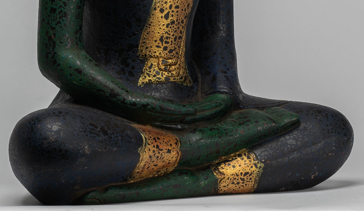 Buddha Sculpture - Antique Khmer Style Wood Seated Buddha Statue Dhyana Meditation Mudra - 54cm/22"
