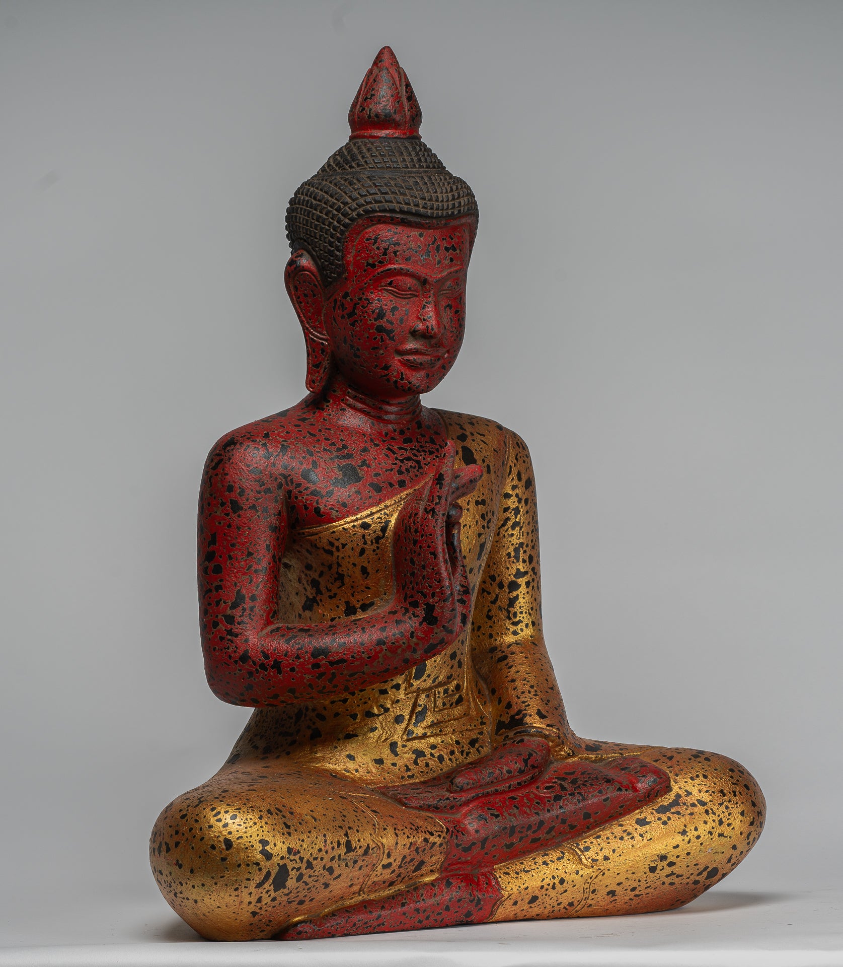 Buddha Statue - Antique Khmer Style Cambodia Seated Wood Buddha Statue Teaching Mudra - 52cm/21"