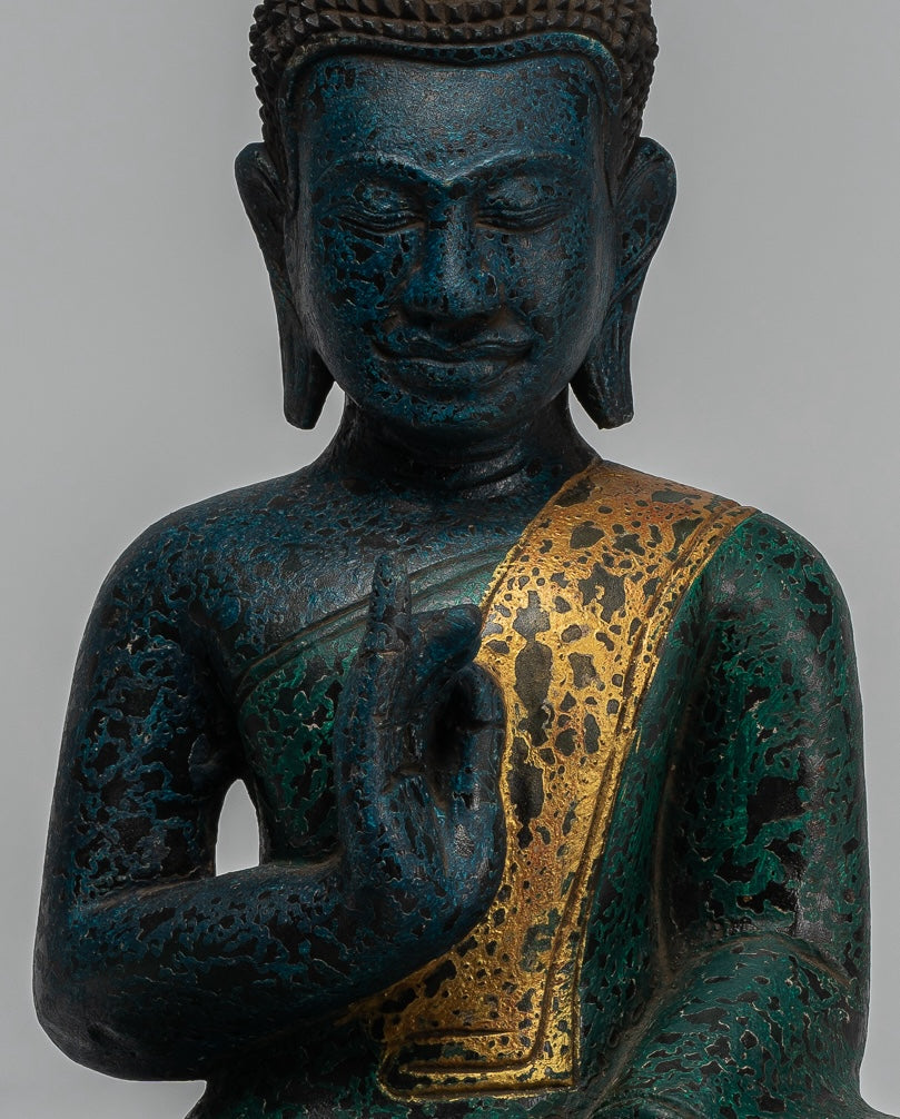 Buddha Statue - Antique Khmer Style Cambodia Seated Wood Buddha Statue Teaching Mudra - 47cm/19"