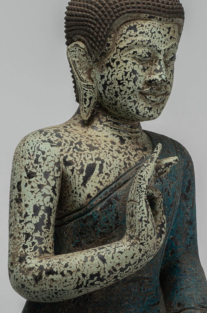 Buddha Statue - Antique Khmer Style Cambodia Seated Wood Buddha Statue Teaching Mudra - 44cm/18"