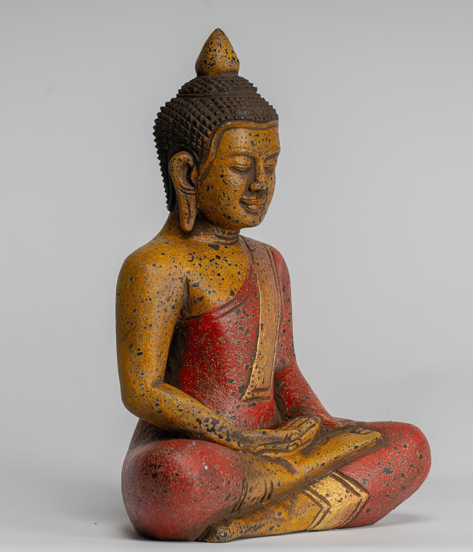 Buddha Sculpture - Antique Khmer Style Wood Seated Buddha Statue Dhyana Meditation Mudra - 27cm/11"