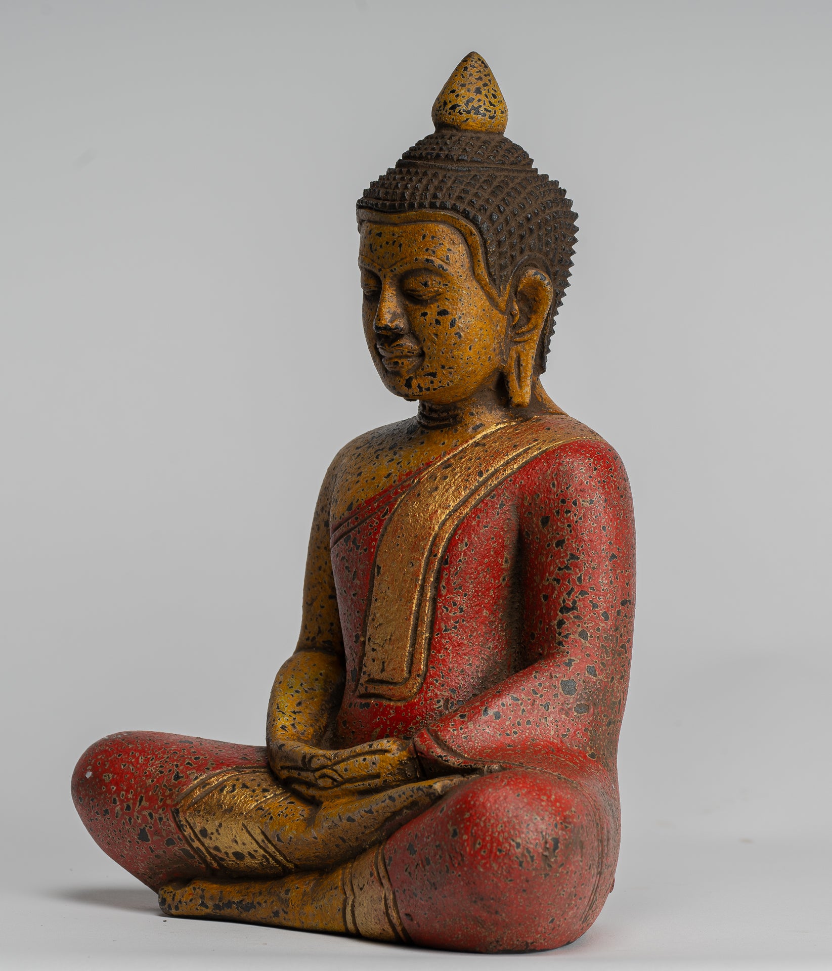 Buddha Sculpture - Antique Khmer Style Wood Seated Buddha Statue Dhyana Meditation Mudra - 27cm/11"