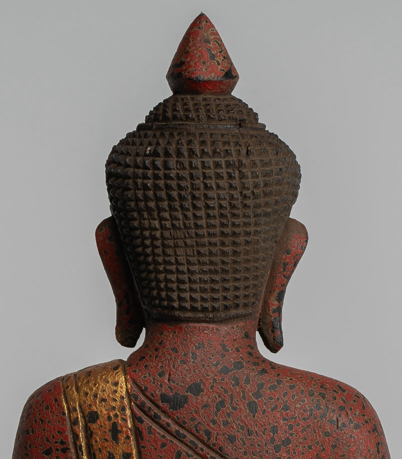 Buddha Sculpture - Antique Khmer Style Wood Seated Buddha Statue Dhyana Meditation Mudra - 28cm/11"