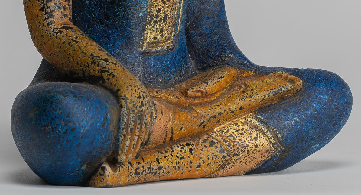 Buddha Statue - Antique Khmer Style SE Asia Seated Wood Enlightenment Buddha Statue - 27cm/11"