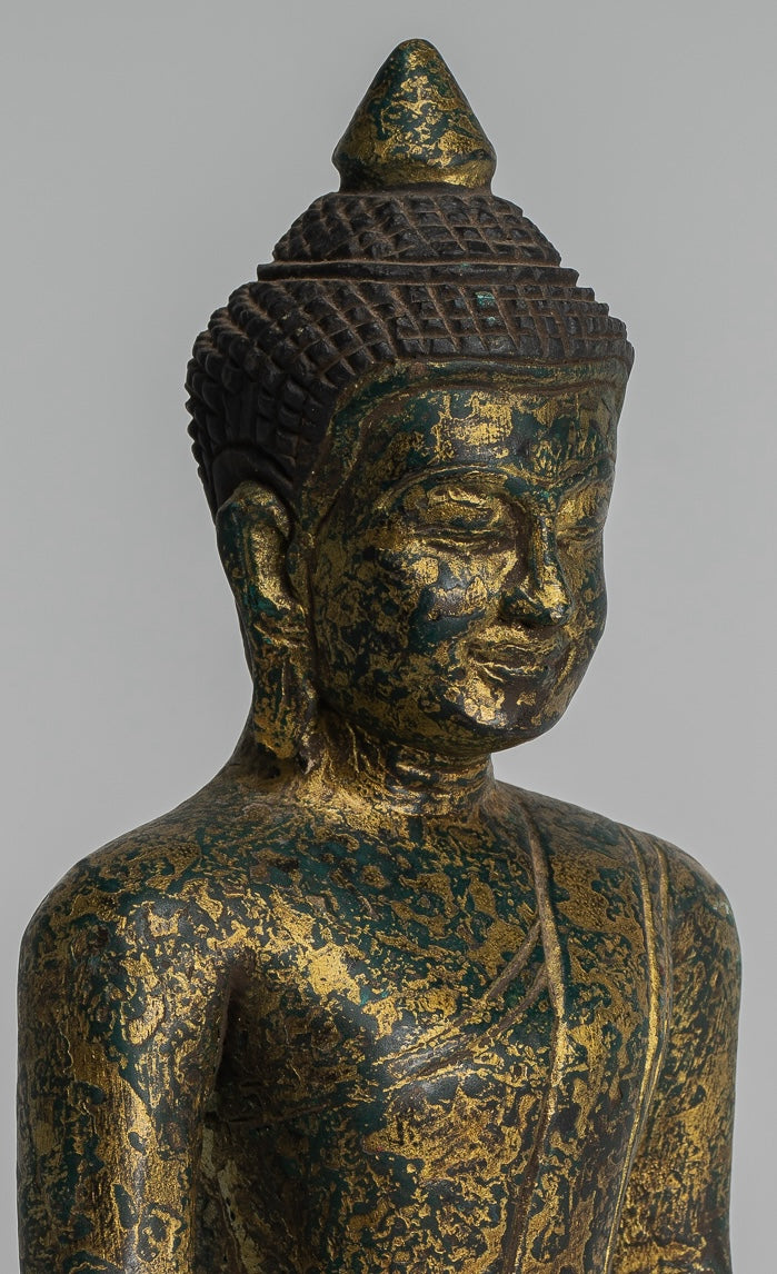 Buddha Statue - Antique Khmer Style SE Asia Seated Wood Enlightenment Buddha Statue - 27cm/11"