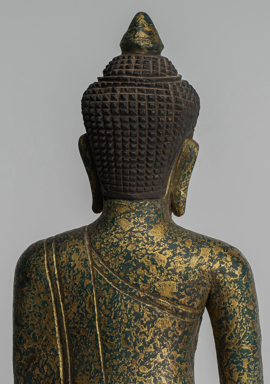 Buddha Statue - Antique Khmer Style SE Asia Seated Wood Enlightenment Buddha Statue - 27cm/11"