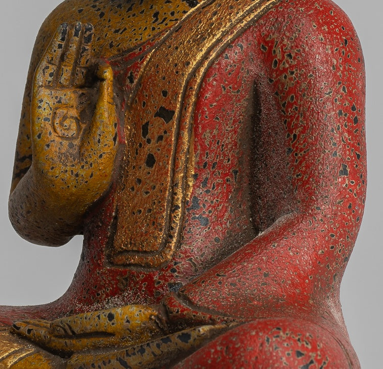 Buddha Statue - Antique Khmer Style Cambodia Seated Wood Buddha Statue Teaching Mudra - 27cm/11"