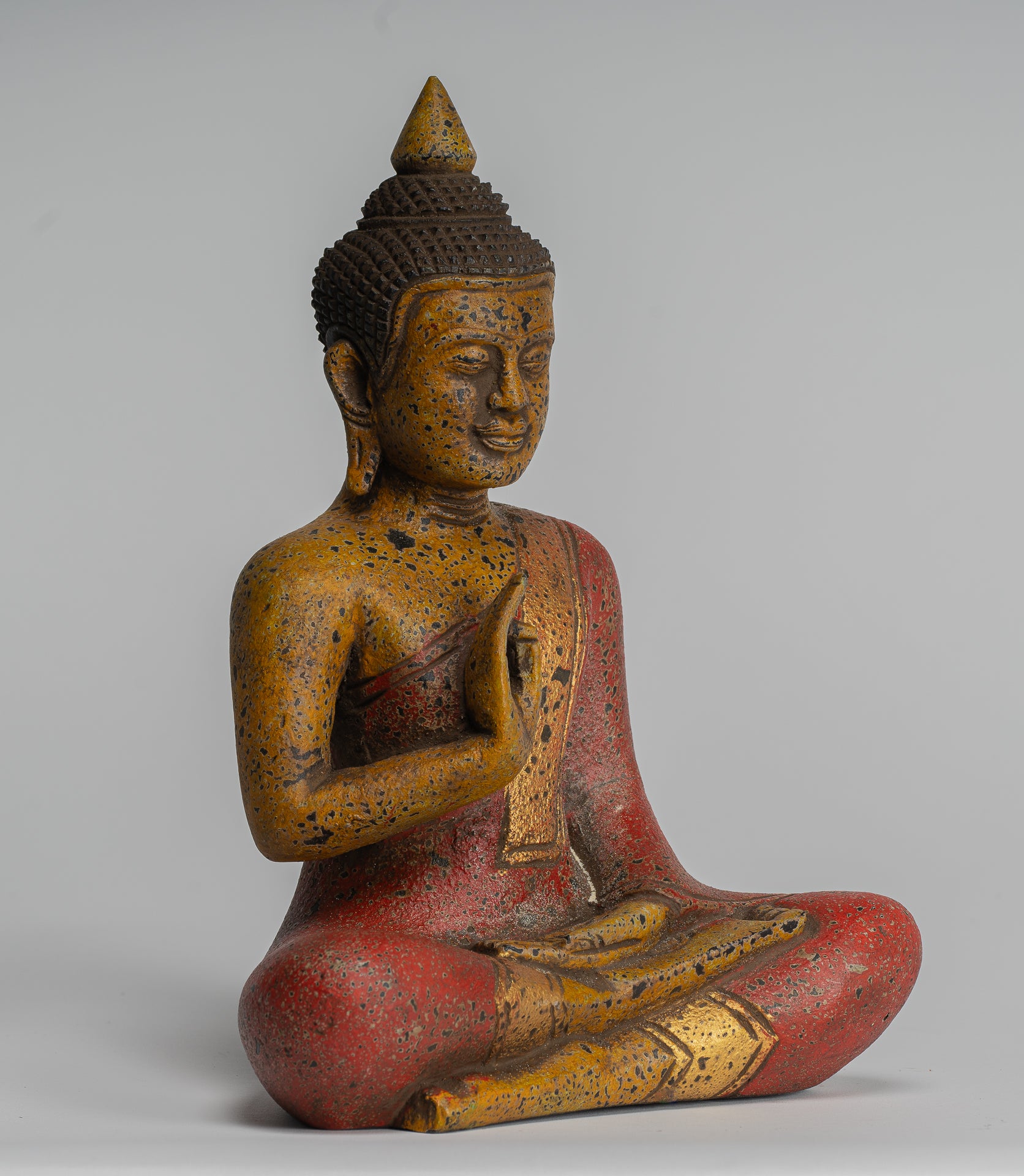 Buddha Statue - Antique Khmer Style Cambodia Seated Wood Buddha Statue Teaching Mudra - 27cm/11"