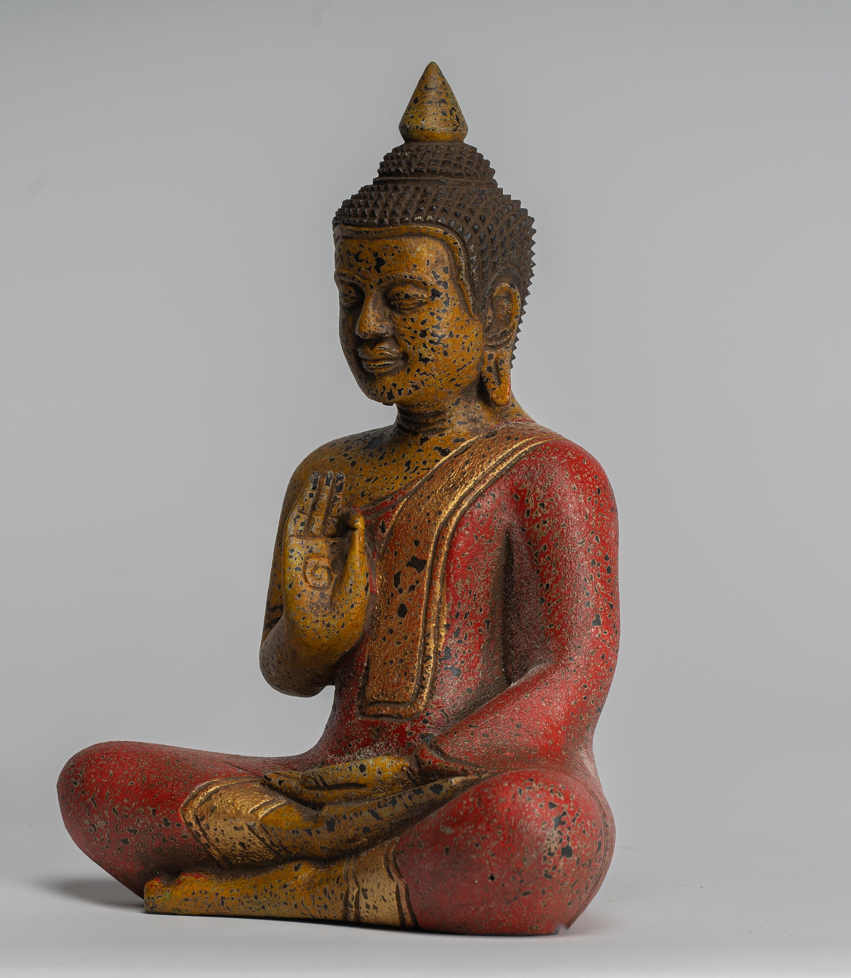 Buddha Statue - Antique Khmer Style Cambodia Seated Wood Buddha Statue Teaching Mudra - 27cm/11"