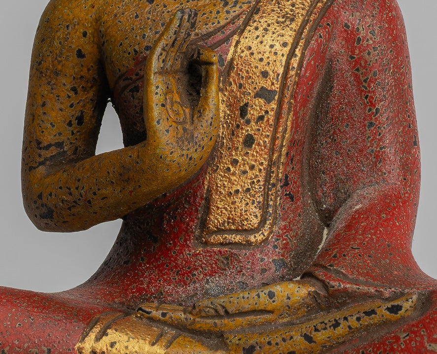 Buddha Statue - Antique Khmer Style Cambodia Seated Wood Buddha Statue Teaching Mudra - 27cm/11"