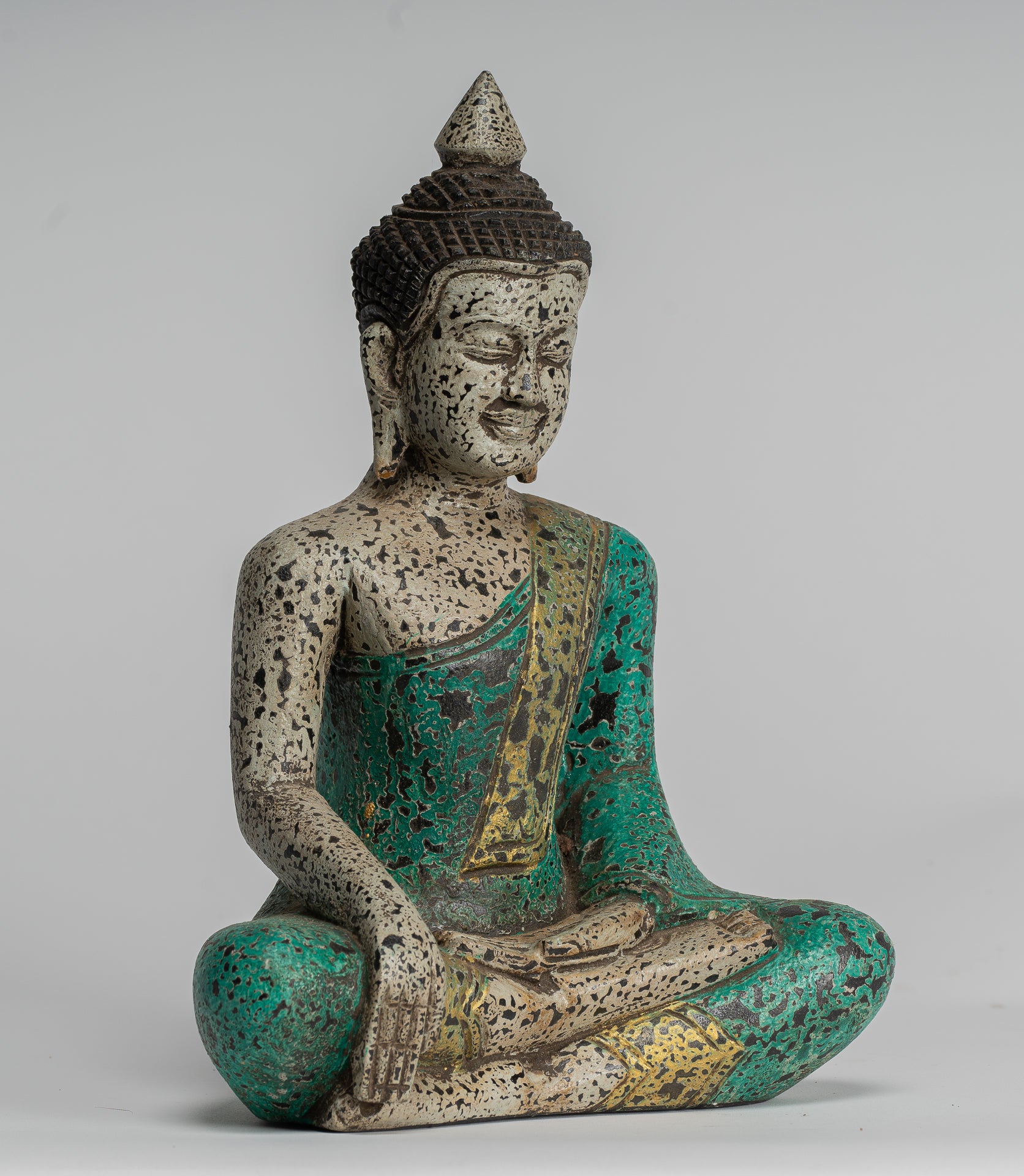 Buddha Statue - Antique Khmer Style SE Asia Seated Wood Enlightenment Buddha Statue - 26cm/10"