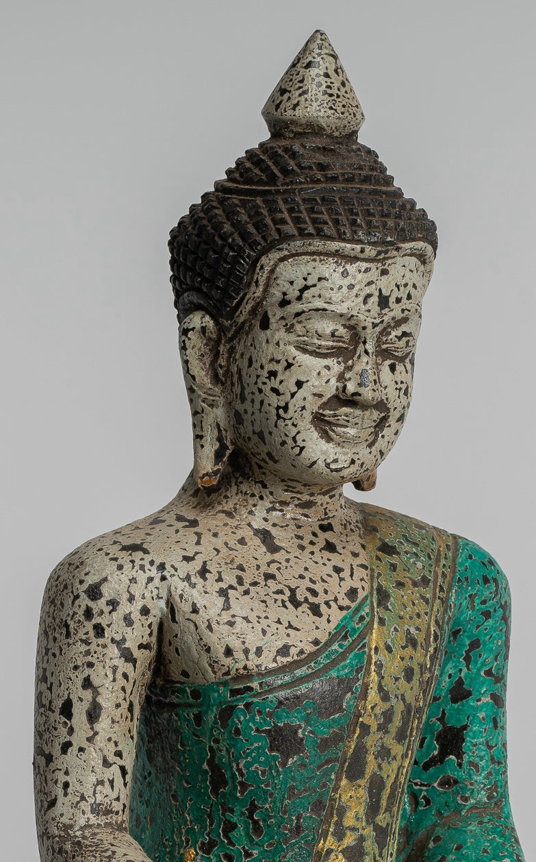 Buddha Statue - Antique Khmer Style SE Asia Seated Wood Enlightenment Buddha Statue - 26cm/10"