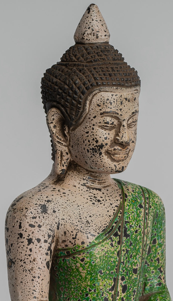 Buddha Statue - Antique Khmer Style SE Asia Seated Wood Enlightenment Buddha Statue - 27cm/11"