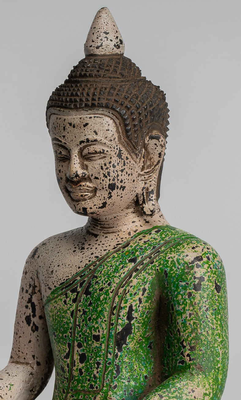 Buddha Statue - Antique Khmer Style SE Asia Seated Wood Enlightenment Buddha Statue - 27cm/11"