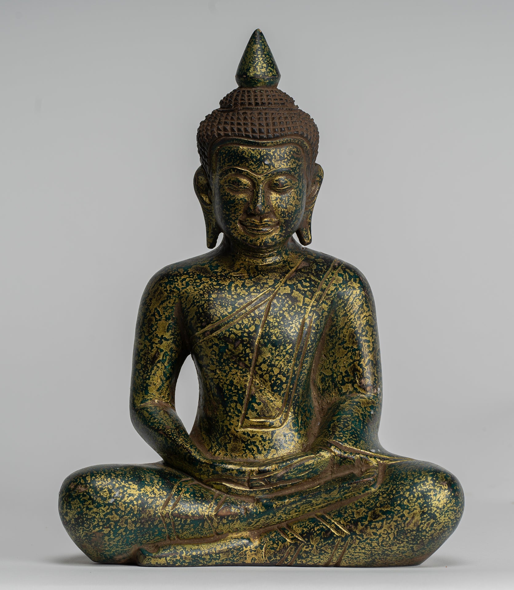 Buddha Sculpture - Antique Khmer Style Wood Seated Buddha Statue Dhyana Meditation Mudra - 28cm/11"