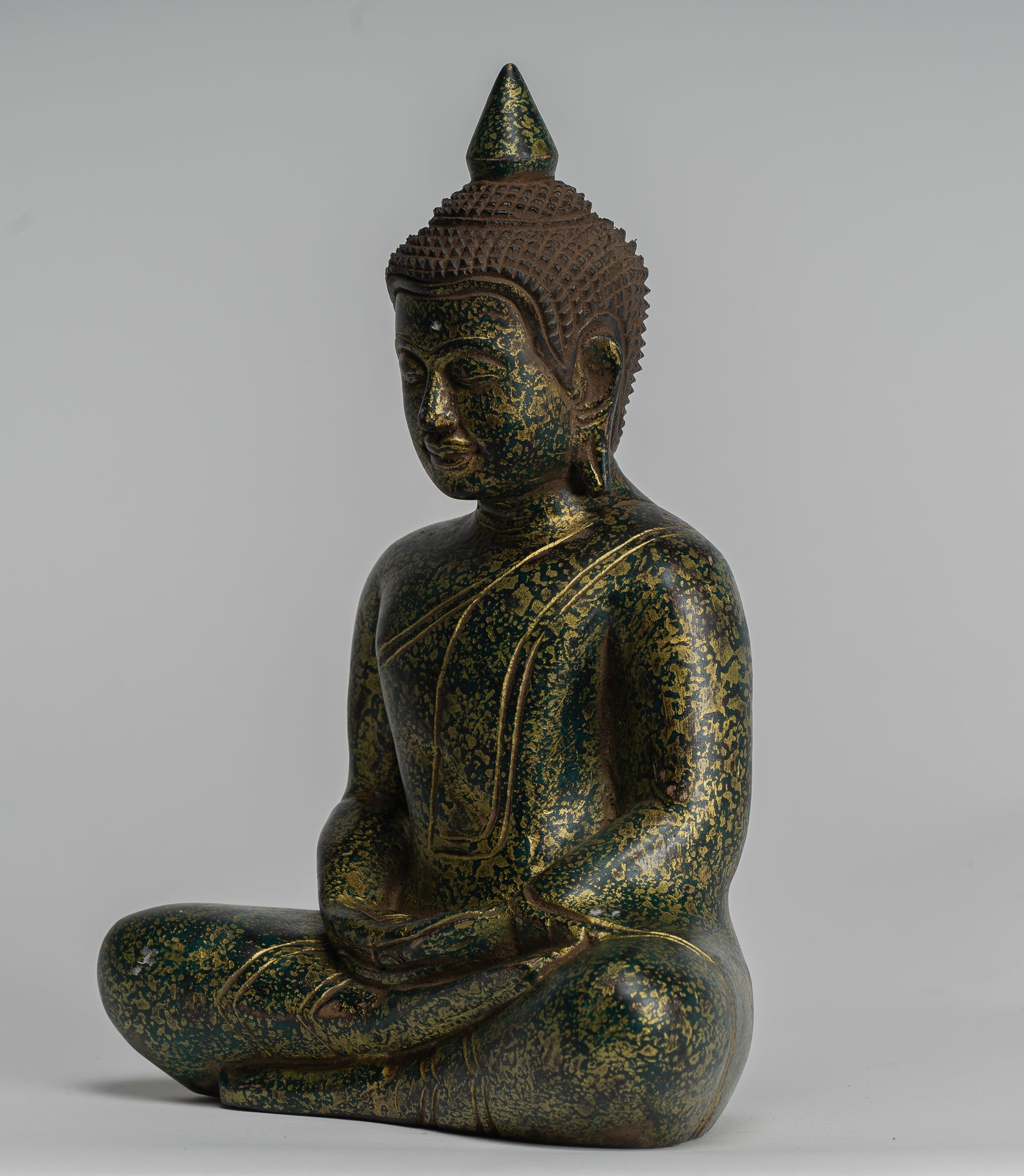 Buddha Sculpture - Antique Khmer Style Wood Seated Buddha Statue Dhyana Meditation Mudra - 28cm/11"
