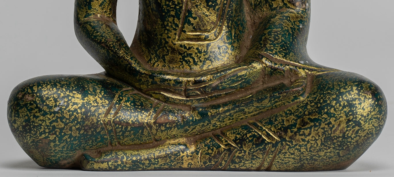 Buddha Sculpture - Antique Khmer Style Wood Seated Buddha Statue Dhyana Meditation Mudra - 28cm/11"