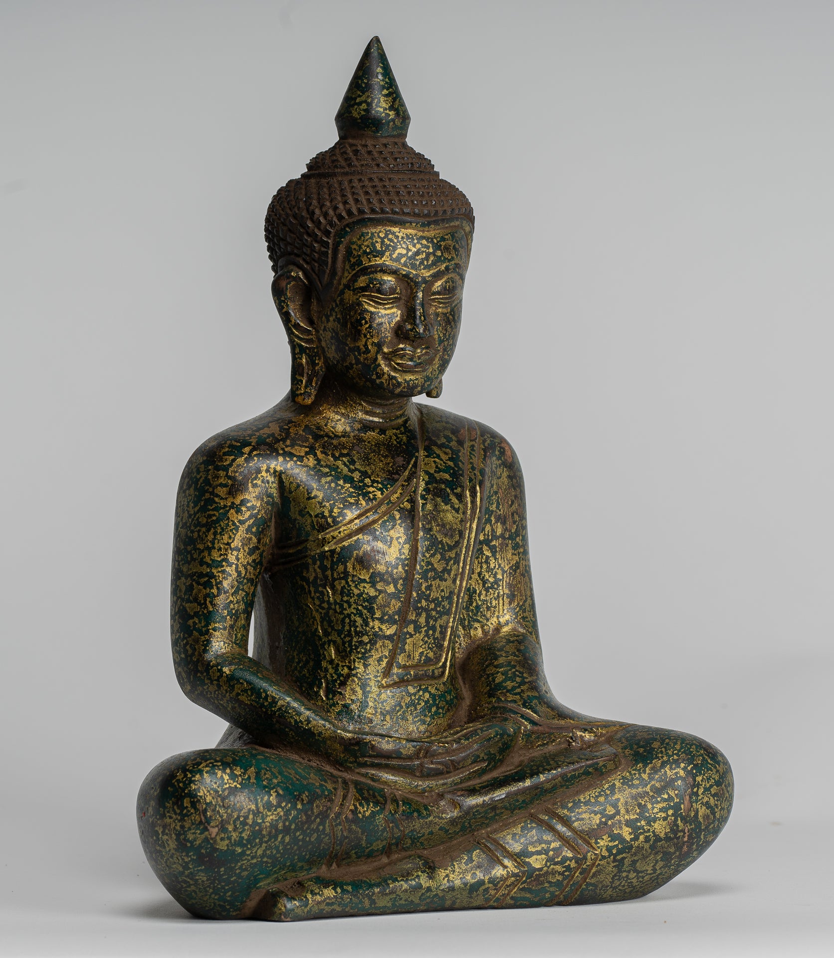 Buddha Sculpture - Antique Khmer Style Wood Seated Buddha Statue Dhyana Meditation Mudra - 28cm/11"