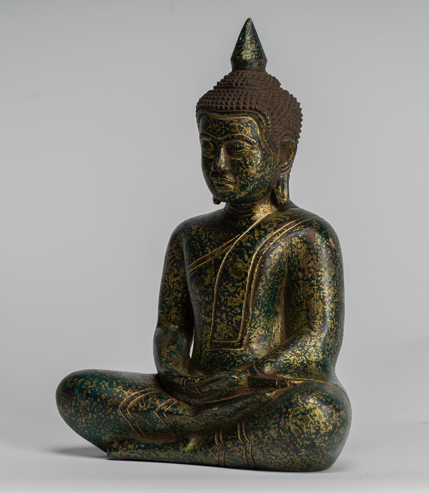 Buddha Sculpture - Antique Khmer Style Wood Seated Buddha Statue Dhyana Meditation Mudra - 28cm/11"